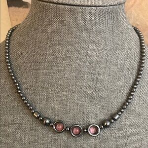 Vintage 80s Hematite Stone and Pink Cats Eye Stones Necklace